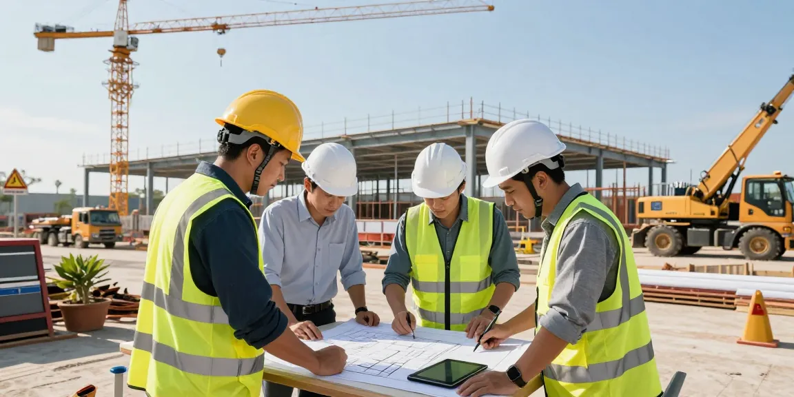 Construction experts at dpconsteel.in collaborating on pre-engineered building plans on-site.