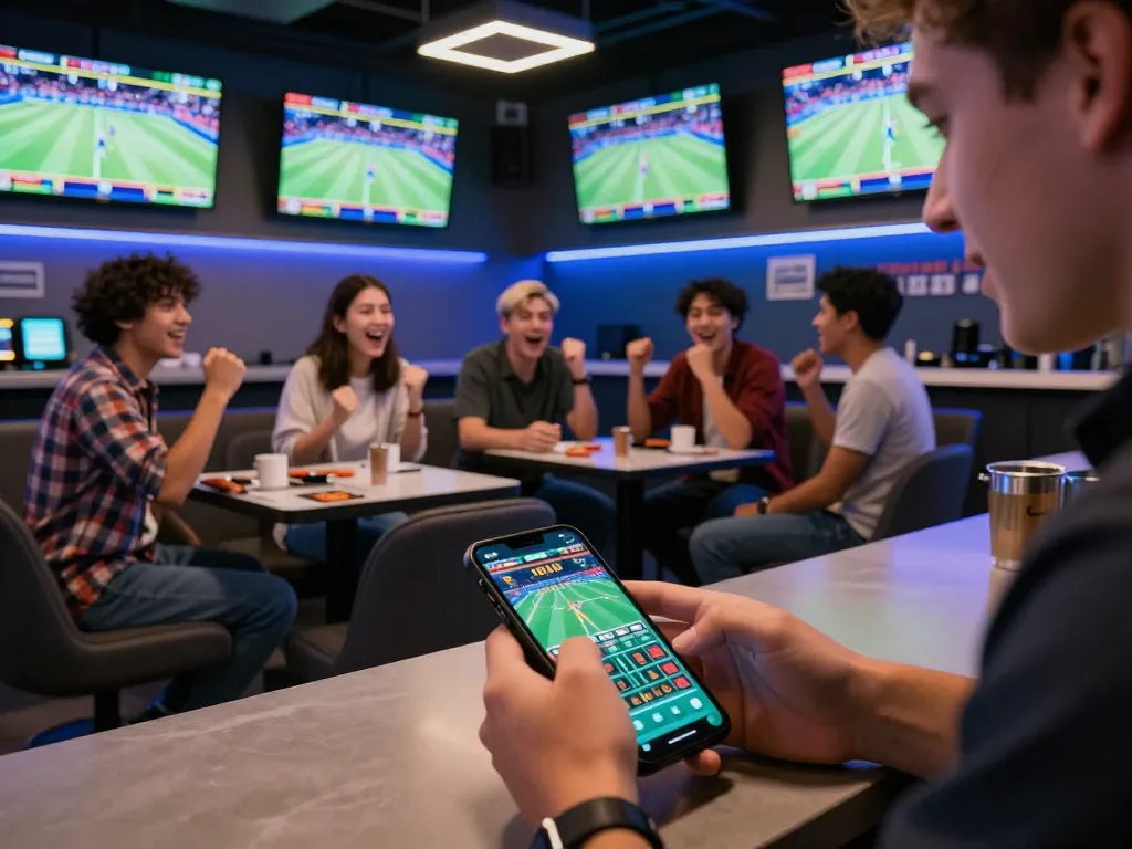 fly88 user placing a sports bet on smartphone with friends in a dynamic betting lounge