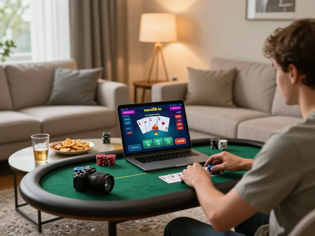 Engaged player using laptop for online poker at https://vin88.is/, highlighting the excitement of home gaming.
