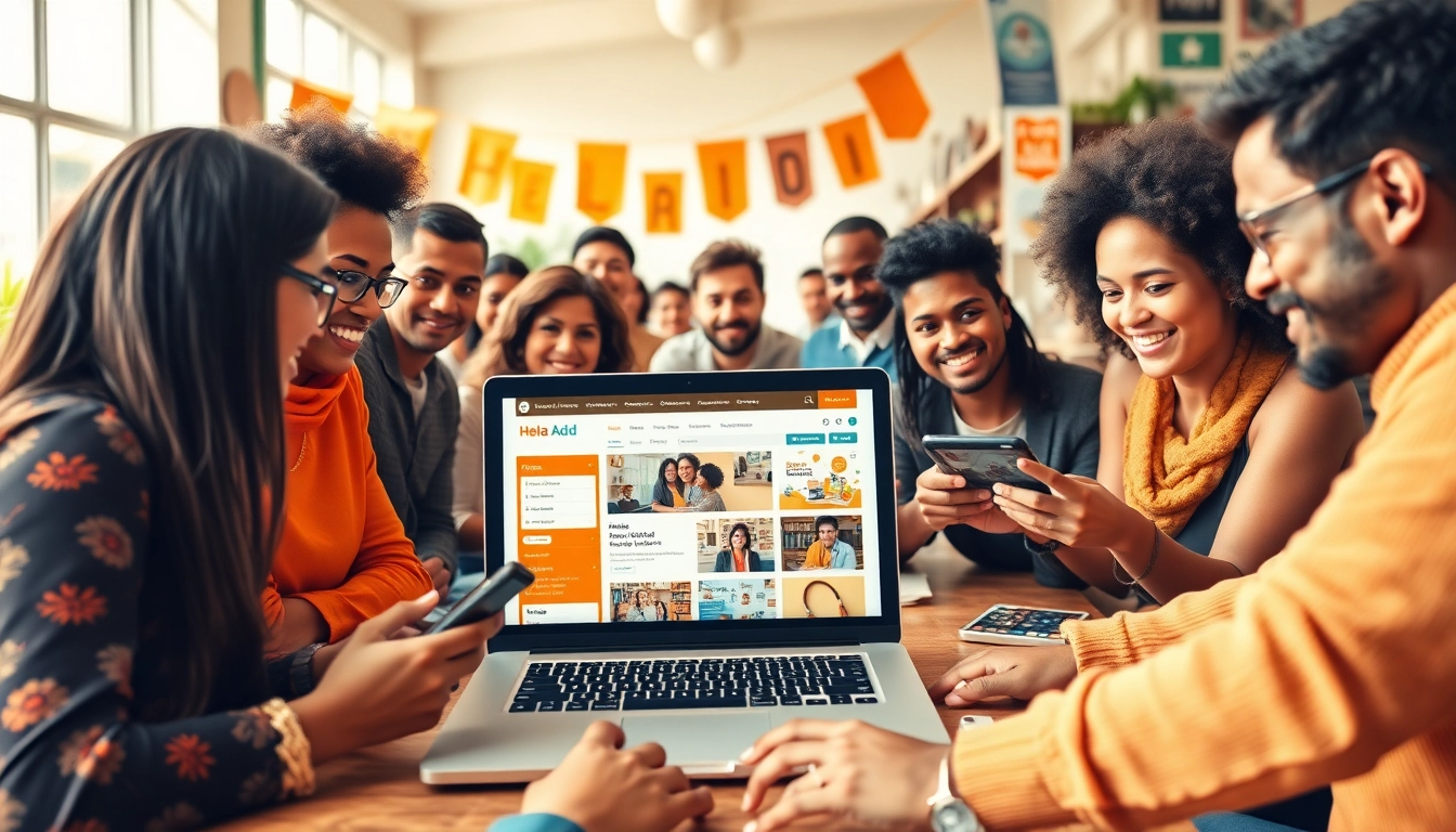 Engaging scene of the Hela Add online marketplace showcasing diverse individuals buying and selling.