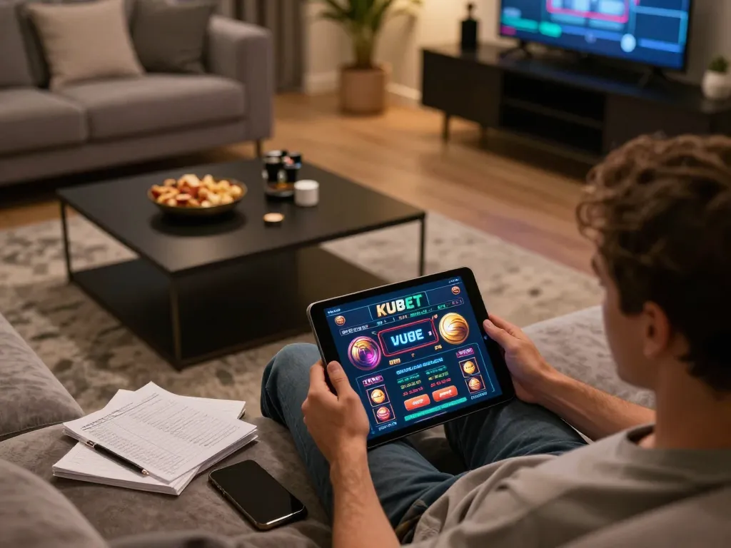 KUBET player's engaging with live dealer on tablet during cozy home gaming session