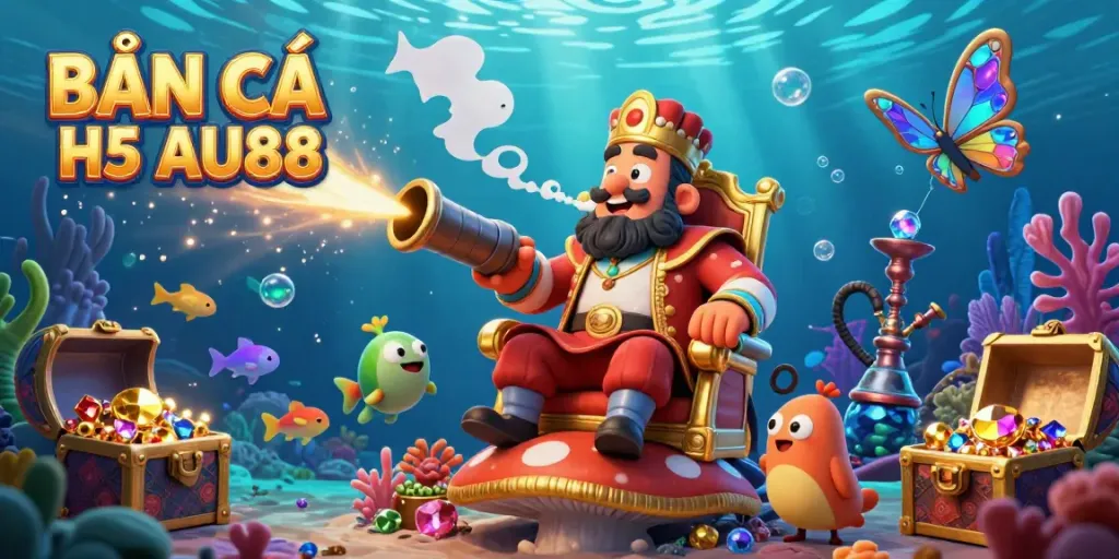 Shoot colorful fish in the BẮN CÁ H5 AU88 underwater game, showcasing vibrant sea life and treasure.