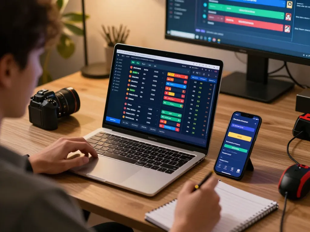 Person analyzing sports betting odds on laptop and mobile device, exploring o8's online gaming options.
