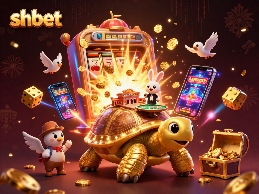 Experience thrilling wins with SHBET's vibrant golden tortoise casino scene featuring dynamic games and rich rewards.