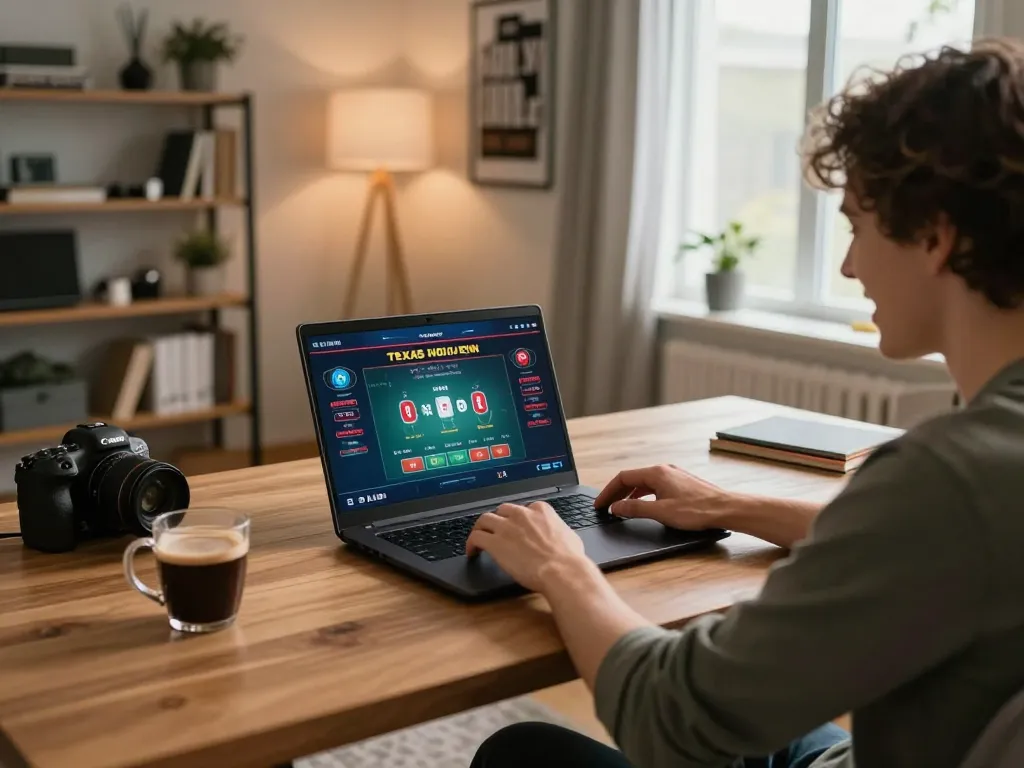 Engaging in online poker gameplay with FUN 79 setup, showcasing strategic excitement in a cozy home.