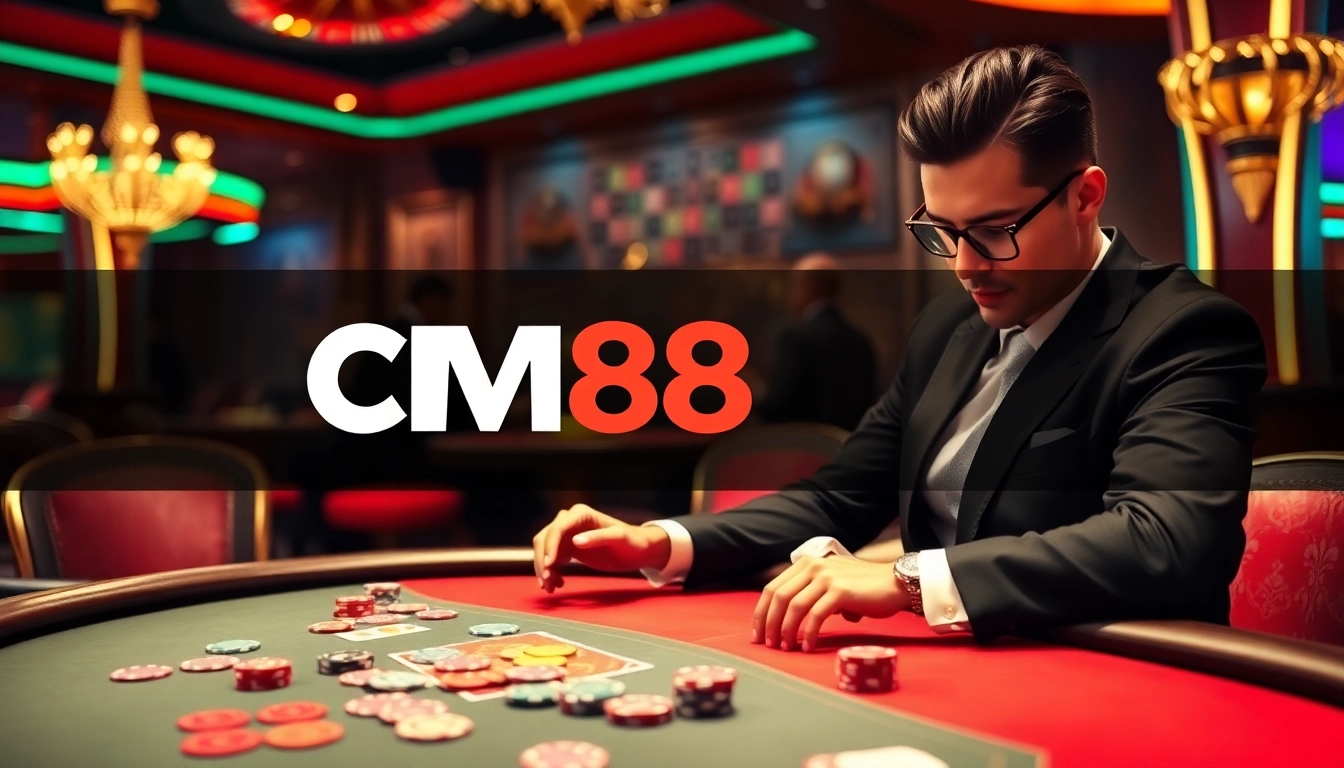 Engaging casino scene showcasing CM88 with poker chips and cards under warm lighting.