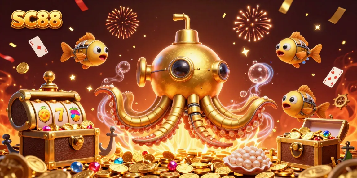 SC88 golden kraken submarine showcasing thrilling casino gaming elements through a treasure-filled ocean.