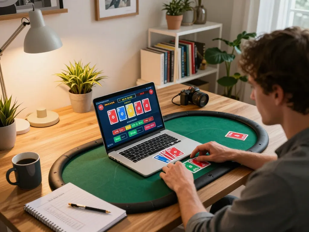 Engaging player enjoying online poker on laptop, immersed in strategic betting at home, experiencing 79 số đỏ gameplay.