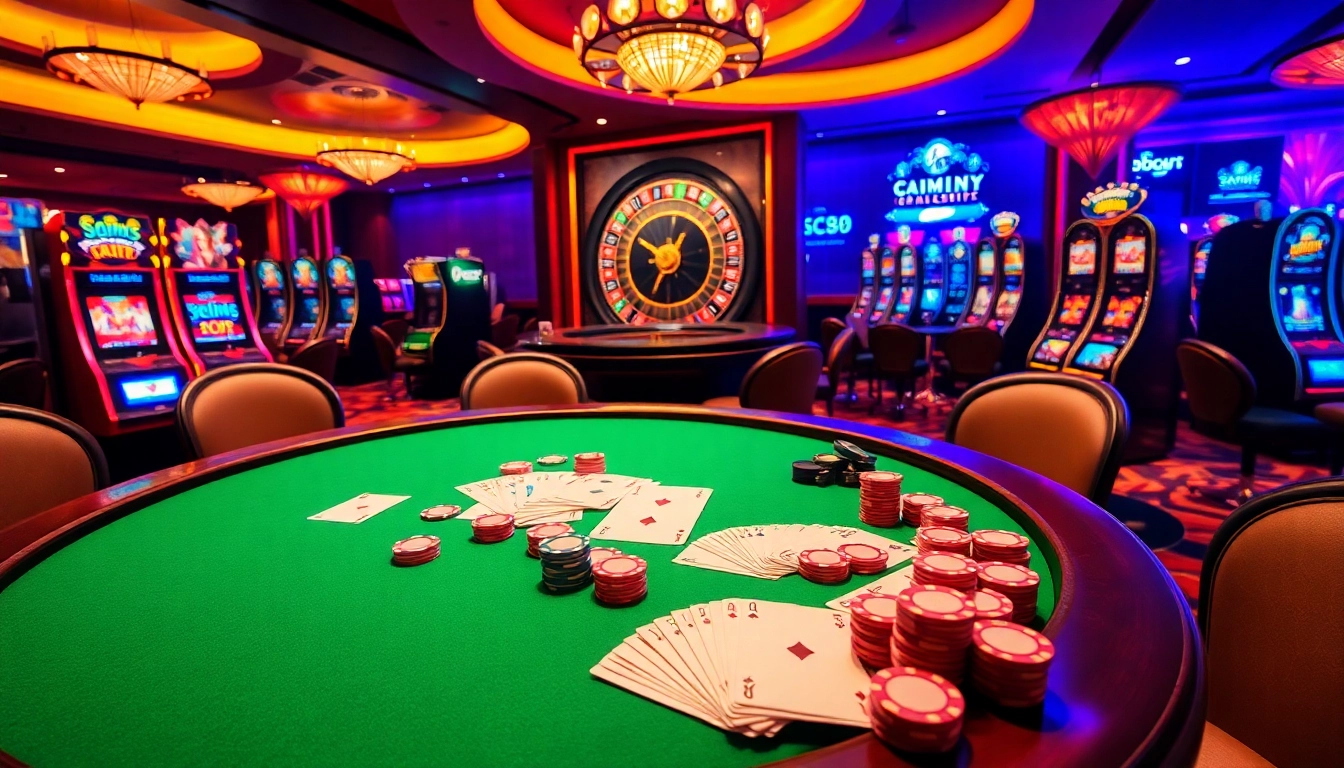 Exciting casino scene featuring a SC88 themed roulette wheel surrounded by vibrant poker chips and players.