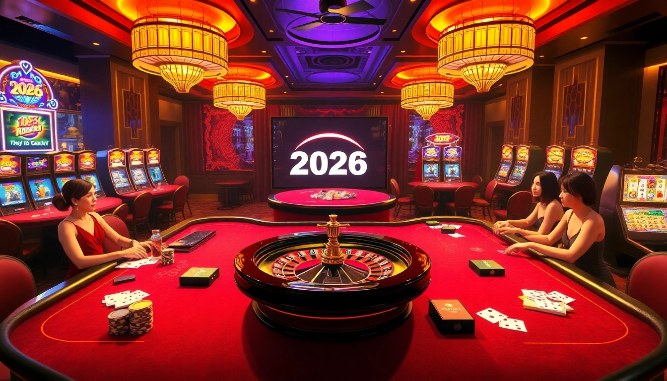 A thrilling gaming experience at https://tg88a.me/ with luxurious casino tables, vibrant roulette wheels, and engaging slot machines.