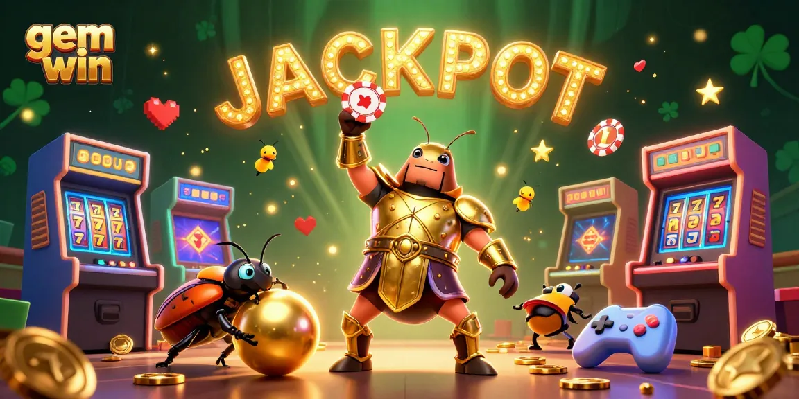 Experience the thrill of gem win with a golden beetle champion lifting a poker chip in a vibrant casino scene.