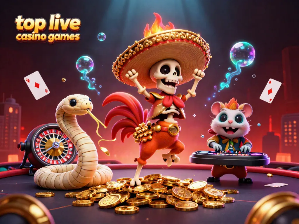 Experience top live casino games with vibrant characters dancing on gold coins in a dynamic 3D illustration.