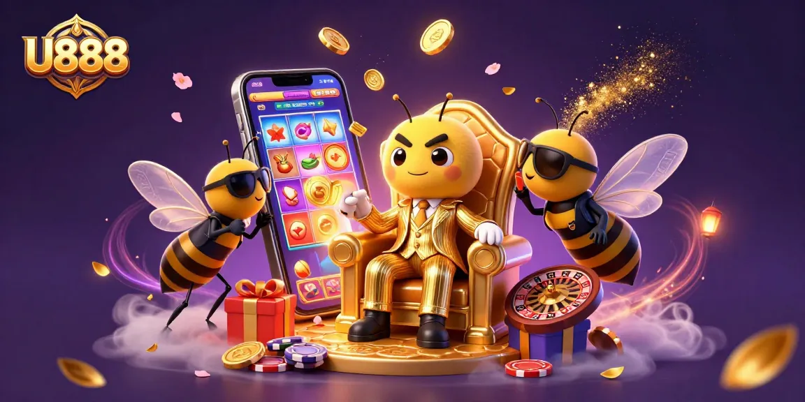 Experience the thrill of U888 with a vibrant 3D casino scene featuring a mob boss, games, and treasures.