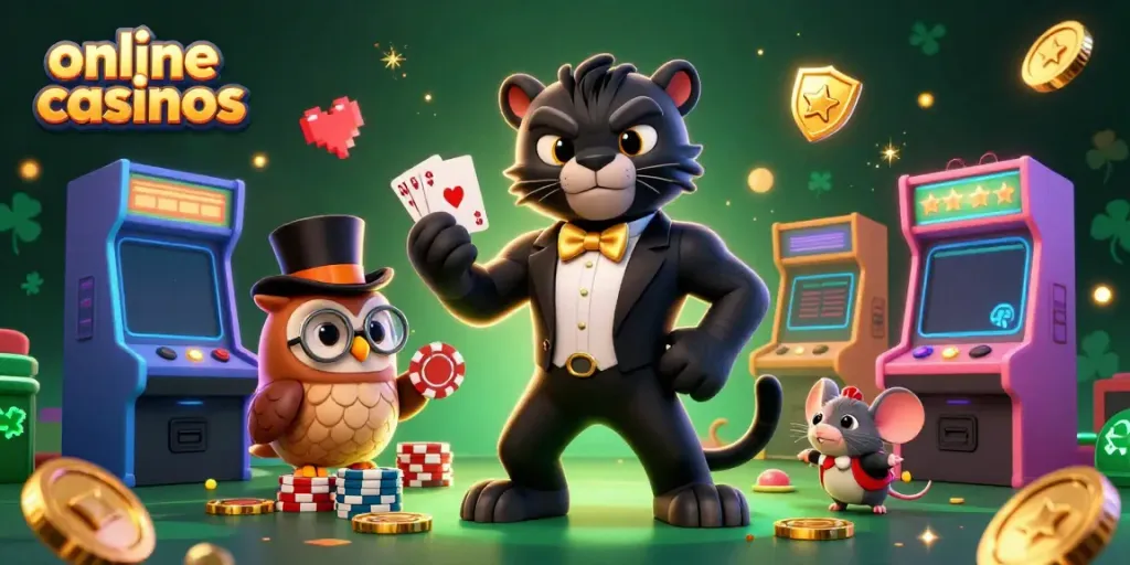 Engage in thrilling online casinos with a charming 3D panther, owl, and mouse in a vibrant gaming scene.
