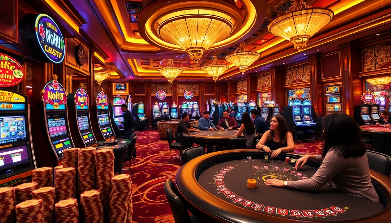 Nohu-themed casino scene showcasing lively gameplay at poker tables and slot machines.