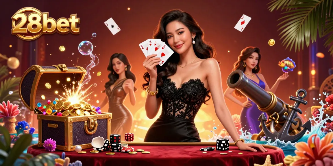 Bet on exciting games at 28bet as an elegant woman holds playing cards, showcasing a lively casino atmosphere.