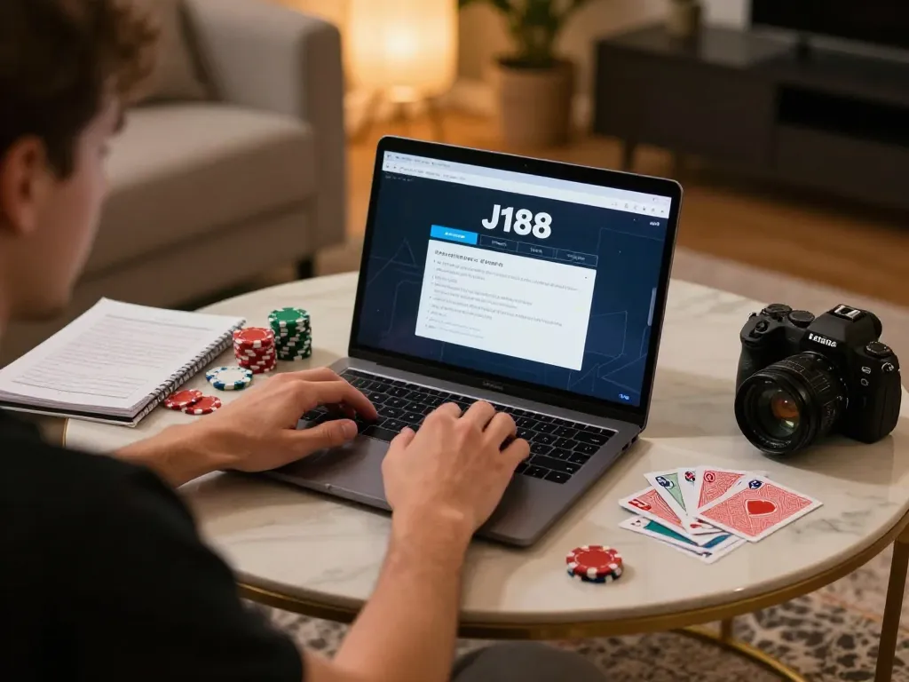 Player exploring J188 link while enjoying online poker at home, reflecting excitement in a cozy atmosphere
