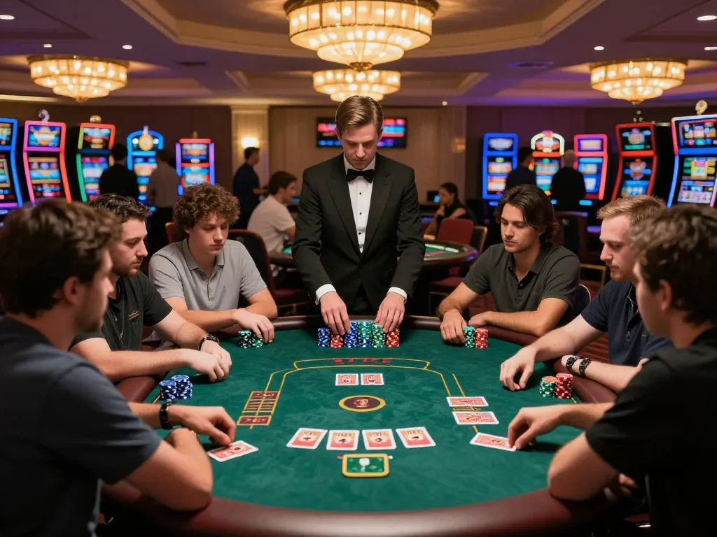 Players enjoying a thrilling poker game at CM88 casino, vibrant atmosphere with colorful chips and cards.