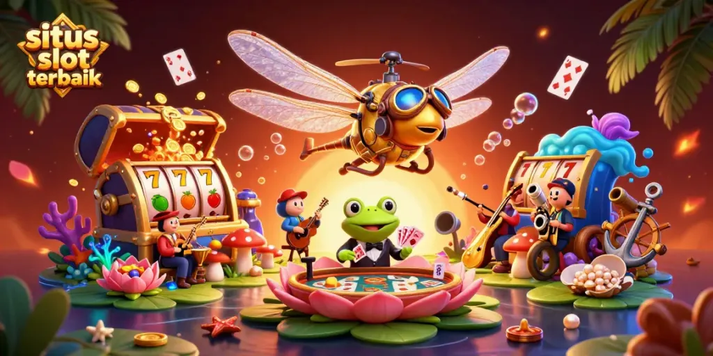 Spin to win at situs slot terbaik, where vibrant dragons fly over captivating card games.