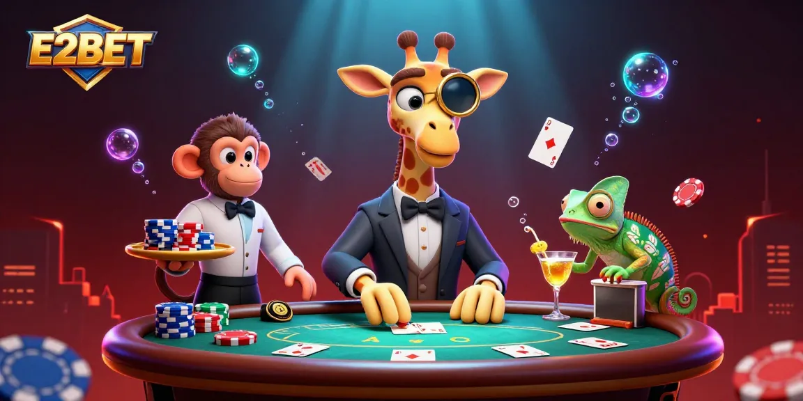 E2BET showcases a vibrant casino scene with a high-roller giraffe, monkey valet, and chameleon bartender.