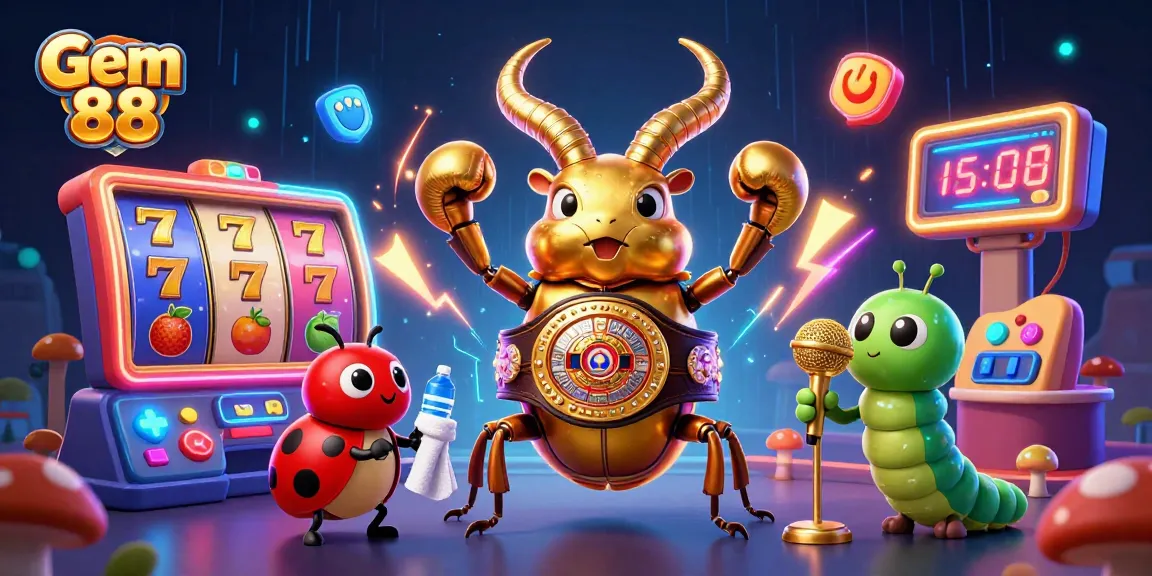 Experience the excitement of Gem 88 with a dynamic illustration of a golden stag beetle and gaming elements.