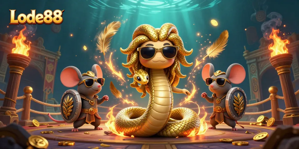 Lode88 showcases friendly Medusa and warrior mouse in a vibrant fantasy casino arena.