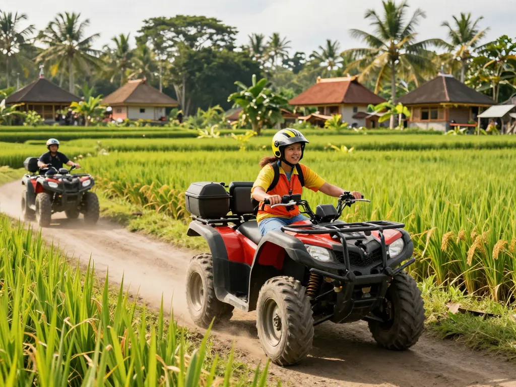 Bali tour packages featuring an exciting ATV adventure through lush jungles and rice fields, showcasing vibrant scenery and cultural landscapes.