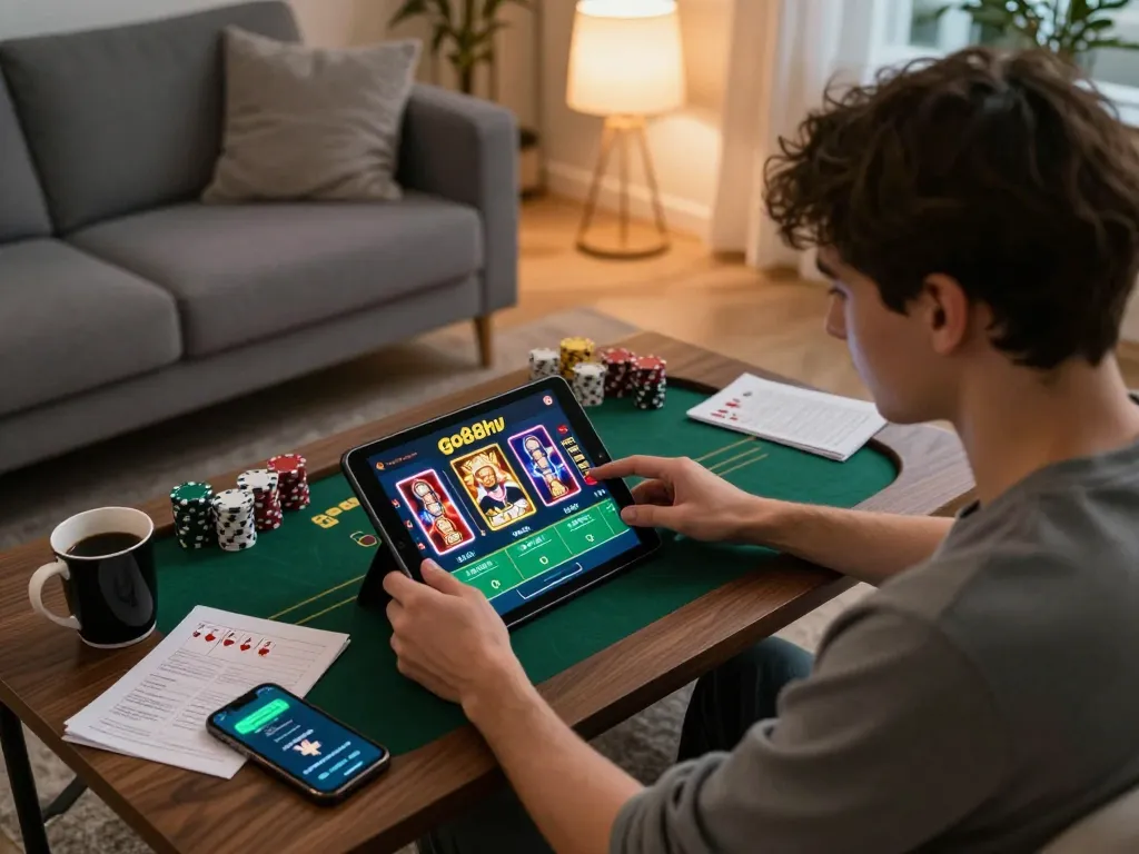 Engaging in strategic online gambling on go88hv app, surrounded by notes and a cozy atmosphere.