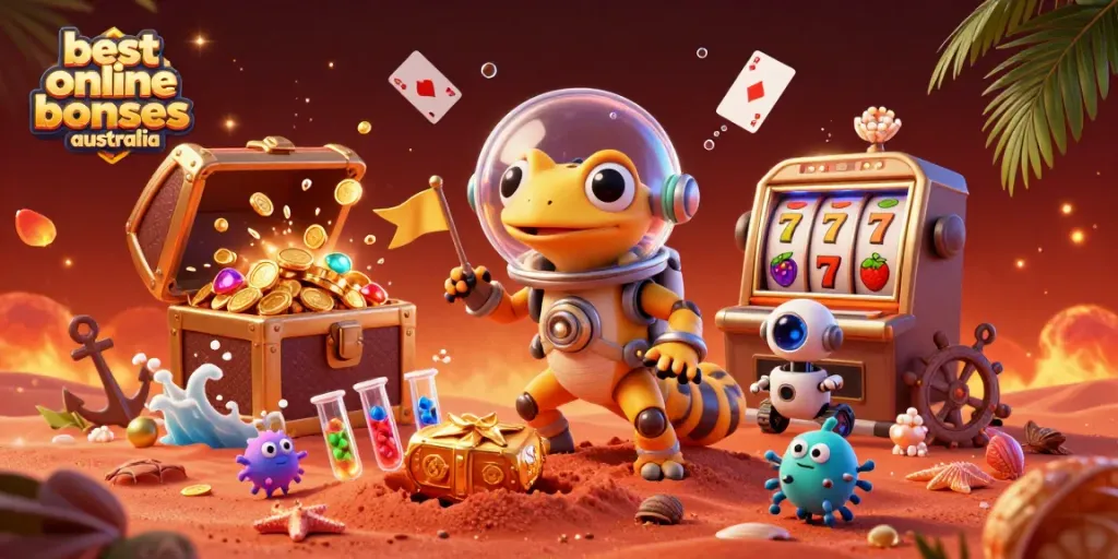 Experience the excitement of the best online casino bonuses australia with vibrant characters discovering a golden casino!