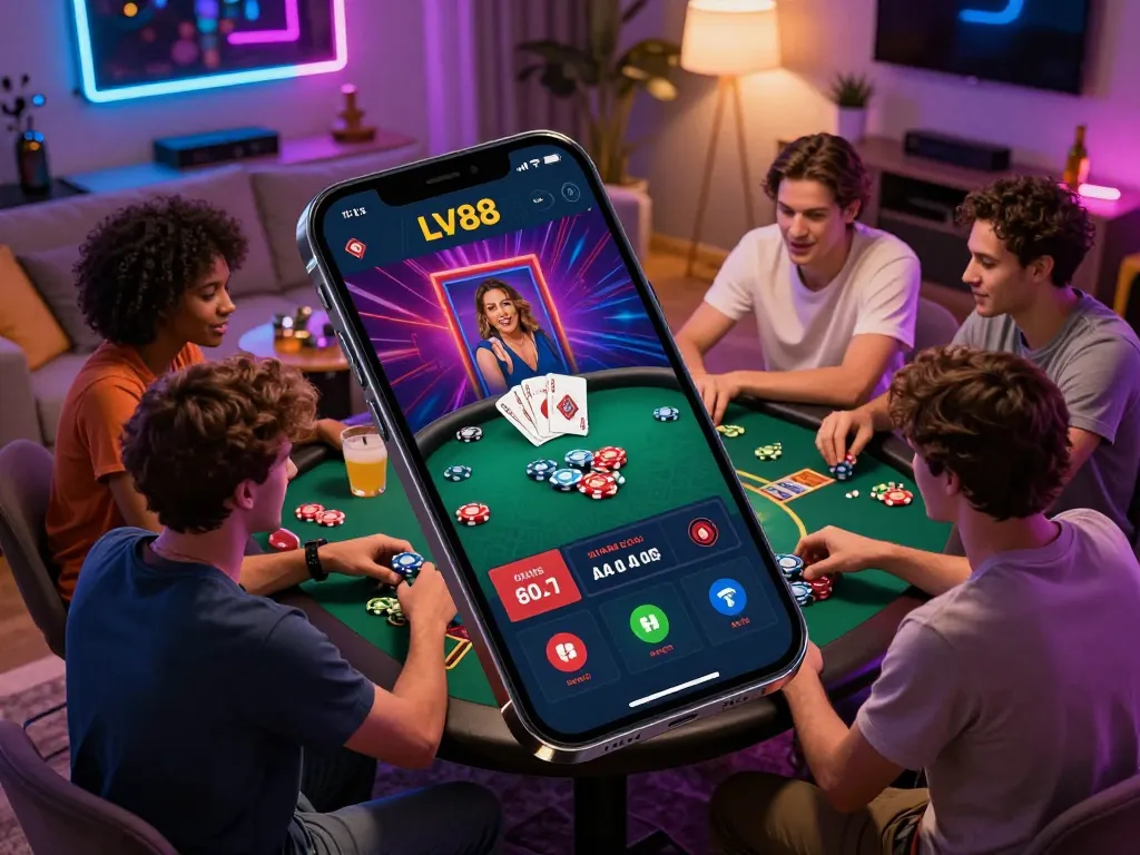 Engaging LV88 online gaming experience showcasing friends strategizing in a cozy living room.
