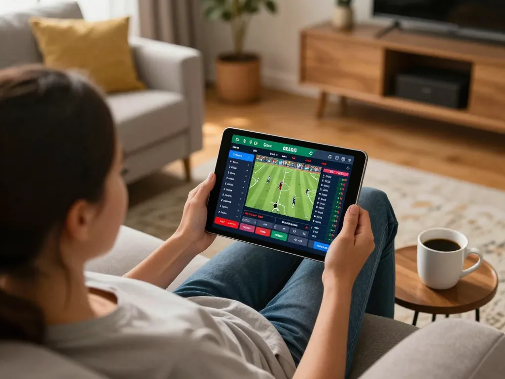C191 sports betting session at home with enthusiastic gambler focused on tablet