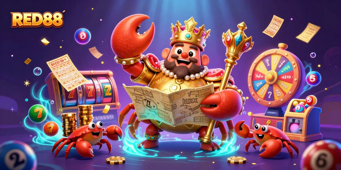Engage with RED88, experiencing a vibrant casino world filled with dynamic slot reels and playful characters.