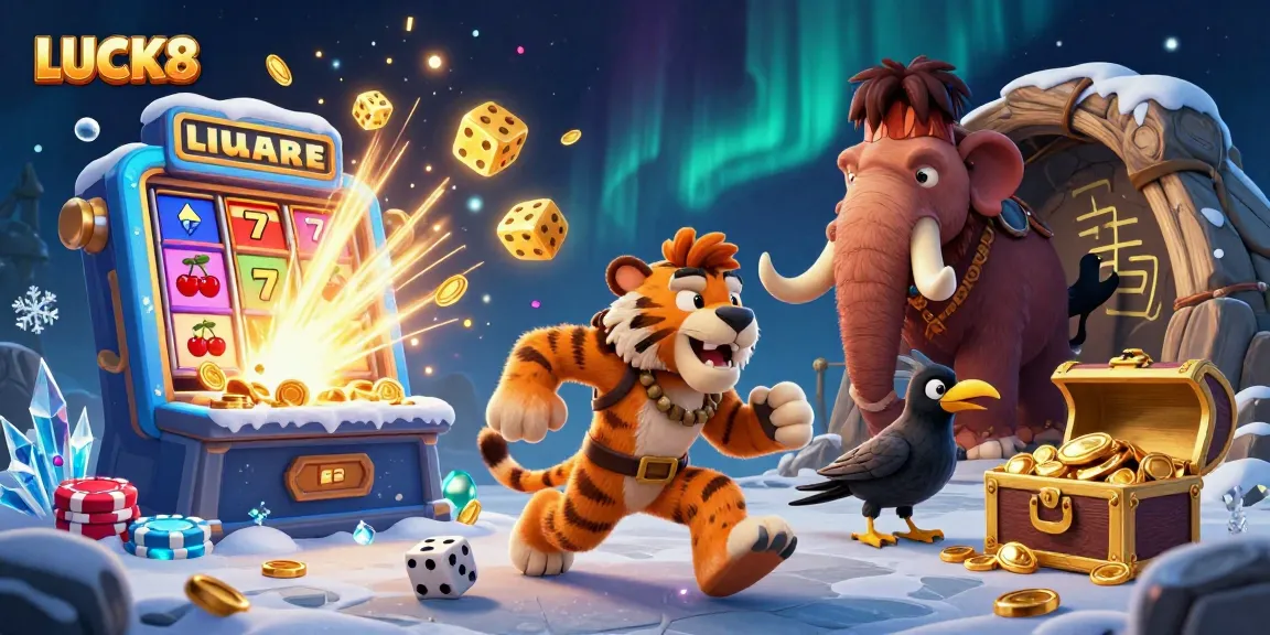 LUCK8 transforms gaming with a prehistoric casino scene featuring dynamic characters and exciting elements.
