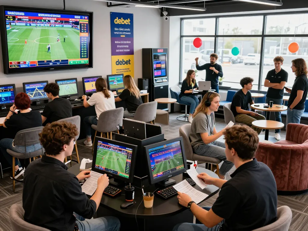 Group of young adults enjoying sports betting at debet's lively lounge with screens and cheering crowds.