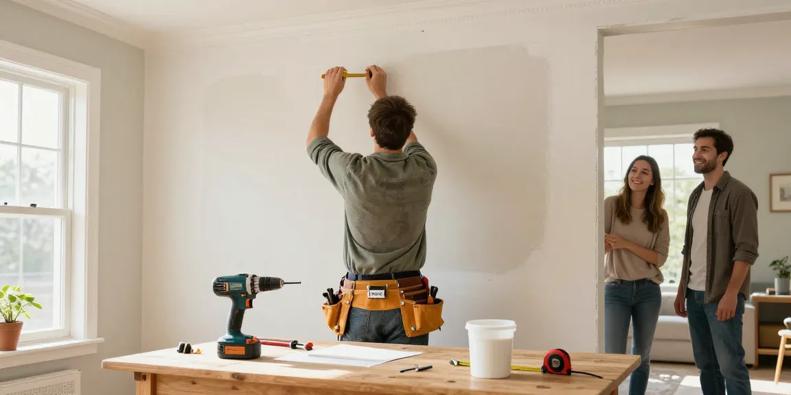 Skilled handyman providing HubPro repair services in a bright living room.
