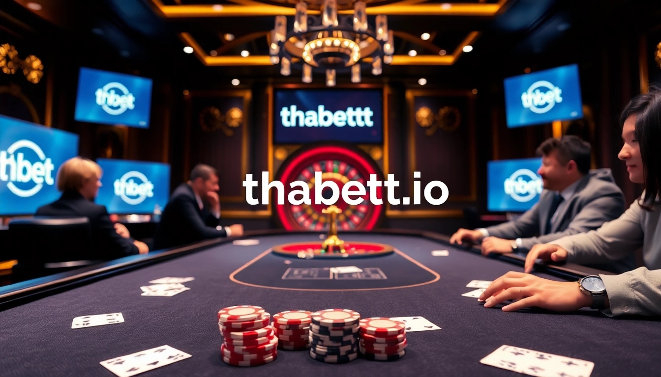 Exciting poker game action at thabett.io featuring professional players and vibrant casino ambiance.