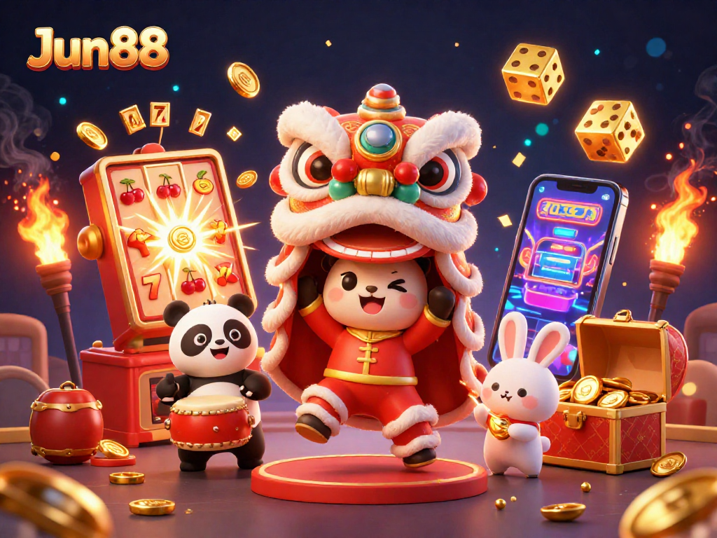 Experience the vibrancy of Jun88 with a dynamic lion dance and exploding slot machine jackpot.