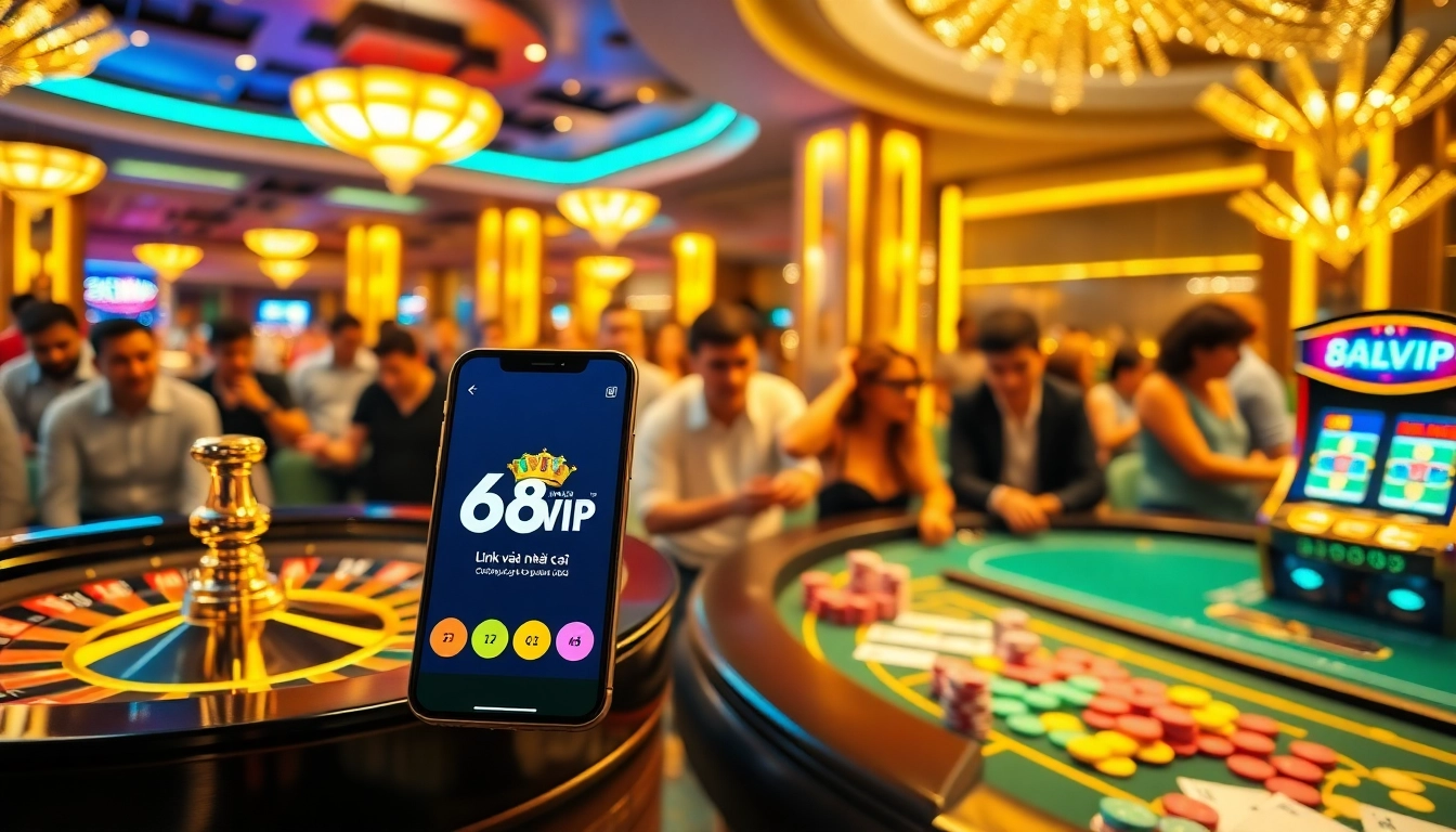 Engage with Link Vào Nhà Cái 68VIP players at thrilling casino tables featuring poker chips and roulette wheels.