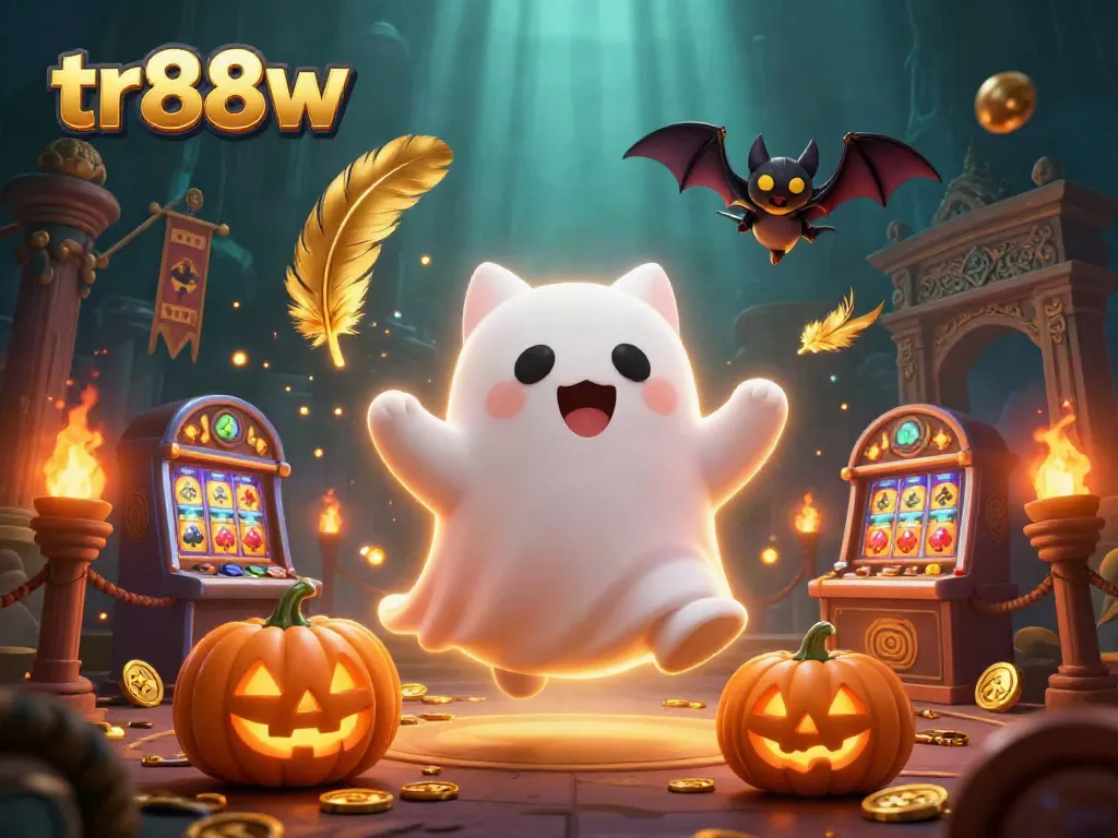 tr88w ghost cat and vampire bat explore a haunted casino filled with glowing poker pumpkins