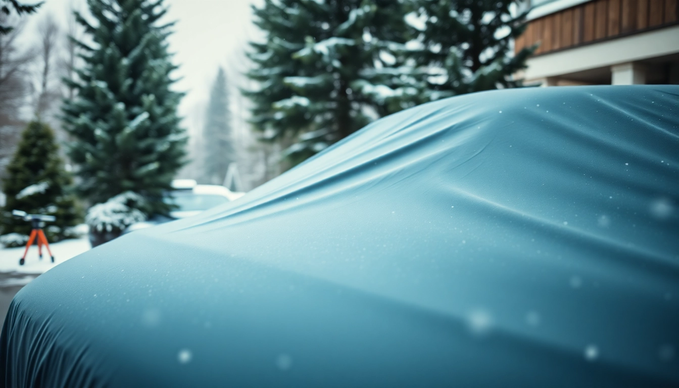 Ensure winter car protection Chattanooga with a sleek vehicle covered under snow in a serene setting.