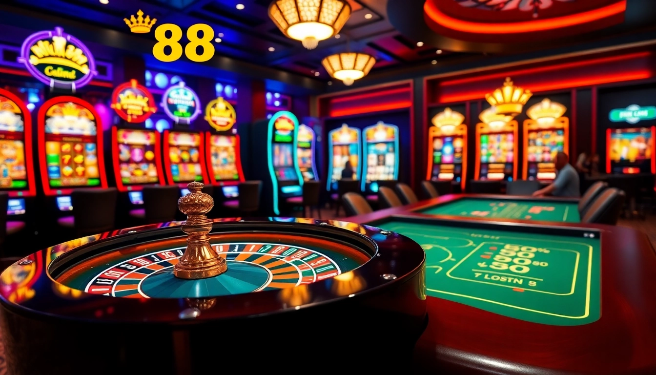 King88 casino scene with roulette, vibrant colors, and dynamic gameplay showcasing excitement.