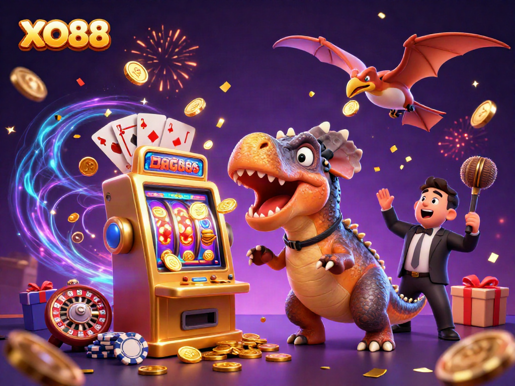 XO88 game features a dinosaur headbutting a slot machine while coins fly around in a vibrant casino scene.