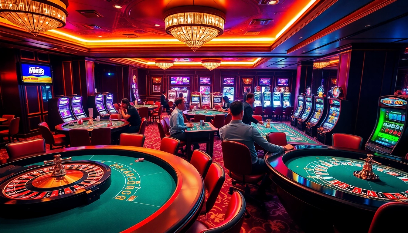 Excited players enjoying casino games at MM88, with vibrant tables and roulette wheels in a luxurious setting.