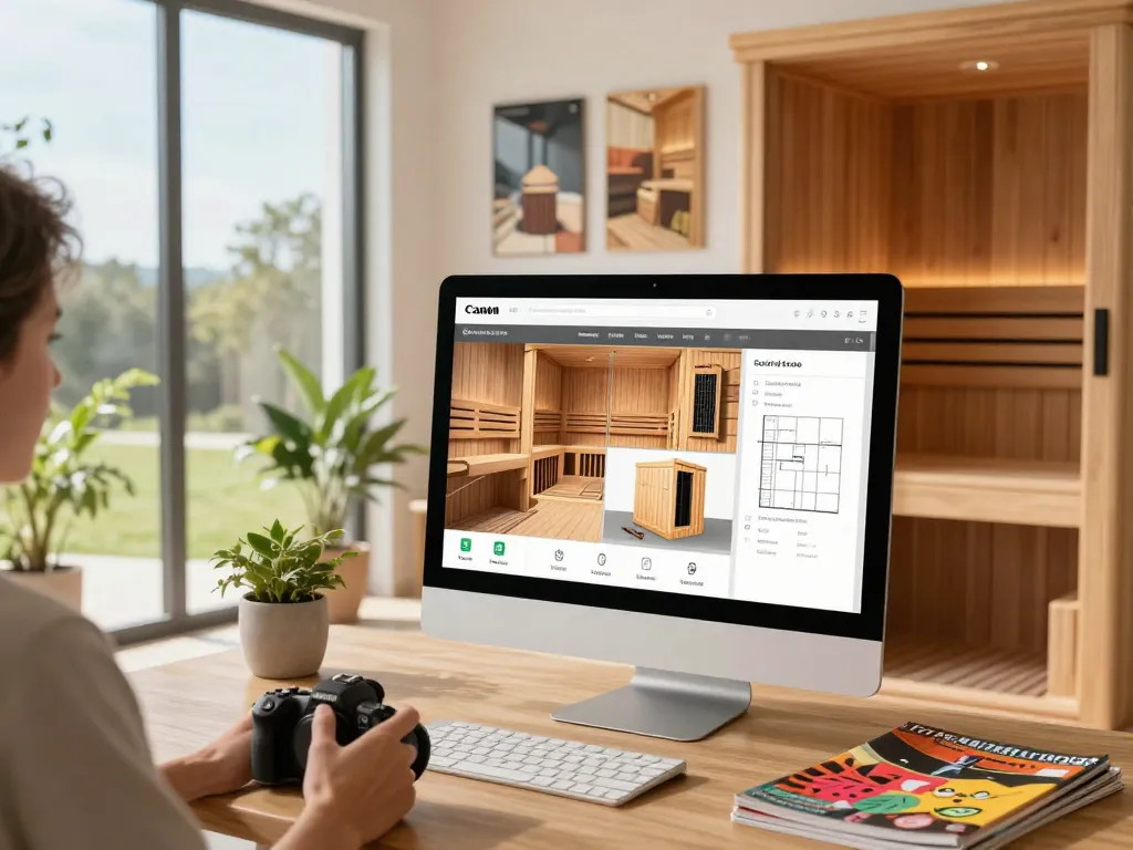 Customizing a sauna 3D configurator with various design elements and natural light.