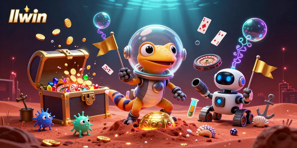 Spin to win on llwin with aliens discovering a golden casino in dynamic 3D illustration.