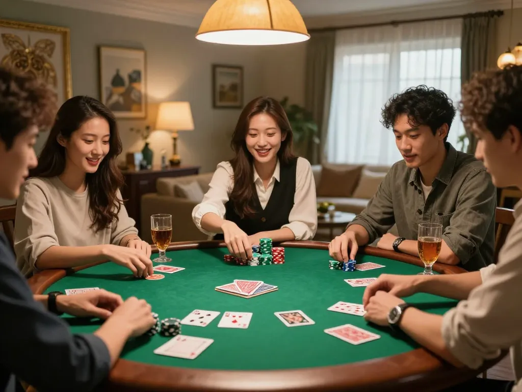 rikvip đăng nhập at a friendly poker night with friends enjoying games, atmosphere of excitement and strategy