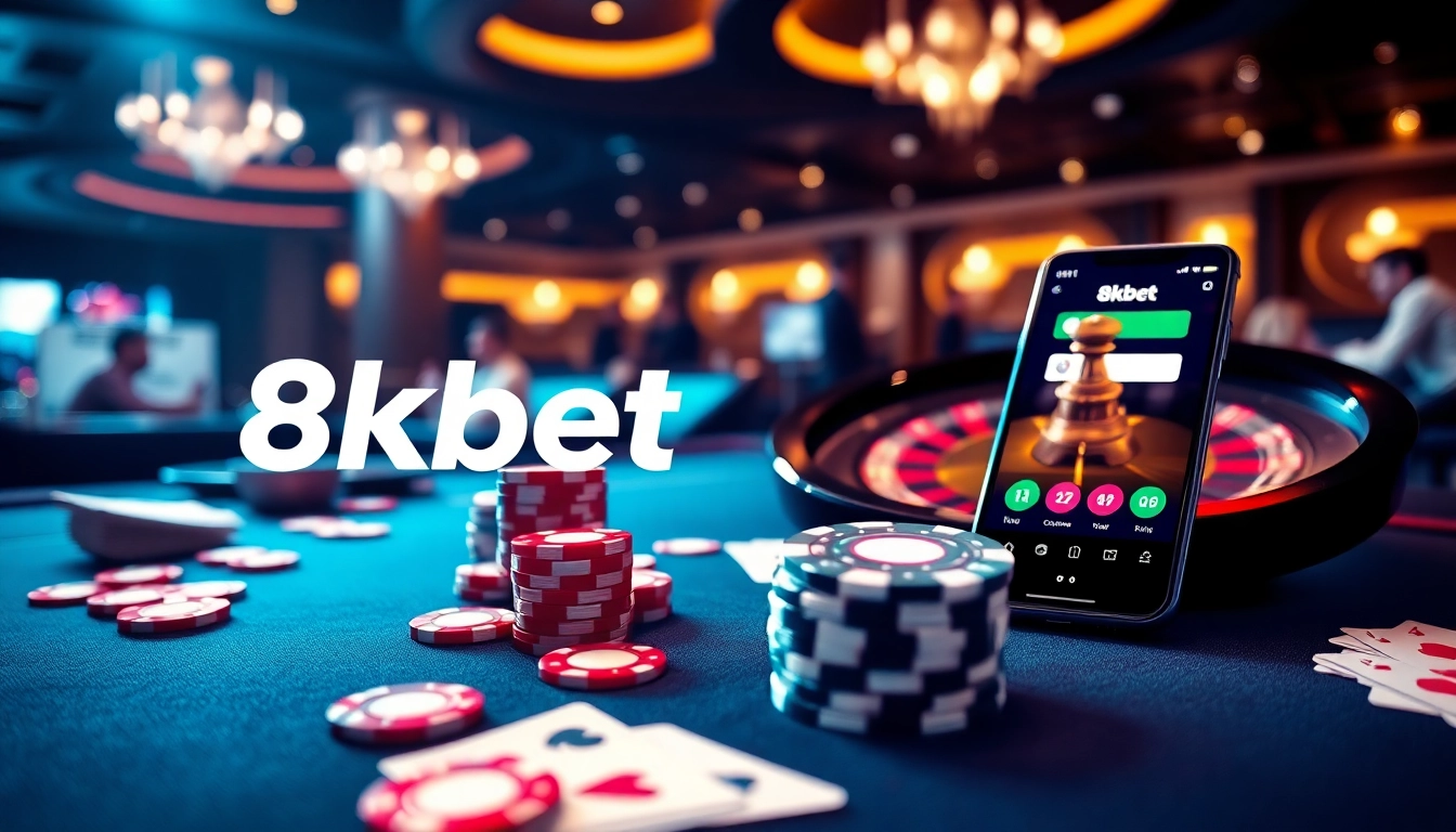Experience thrilling gaming at 8kbet with a vibrant casino scene showcasing poker, roulette, and digital betting.
