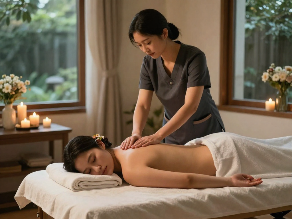 Relaxing home setting with a professional giving a 출장마사지, soothing decor and soft lighting for a tranquil experience.
