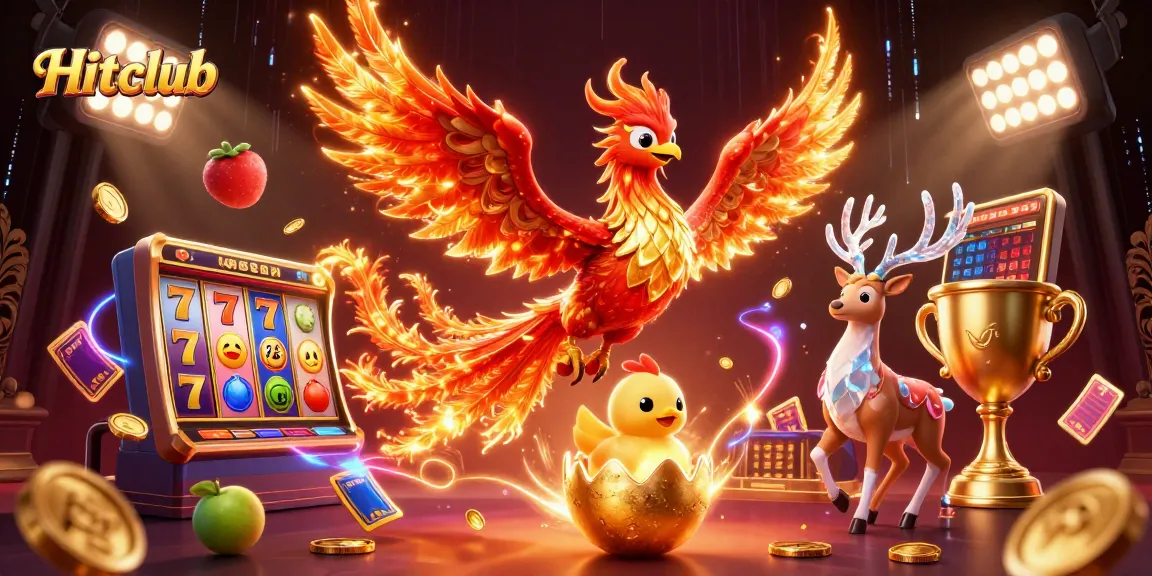 Hitclub players enjoy spinning vibrant slot reels amidst the fire phoenix's grandeur.