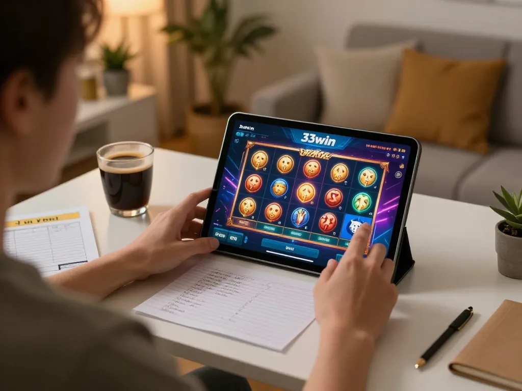 Engaged user playing slots on 33win tablet in a cozy home setup.